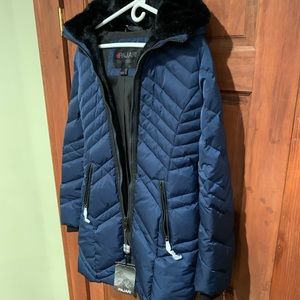NWT PAJAR Navy Blue Black Lumi Fur Hooded Down Long Puffer Jacket Coat Size S/P